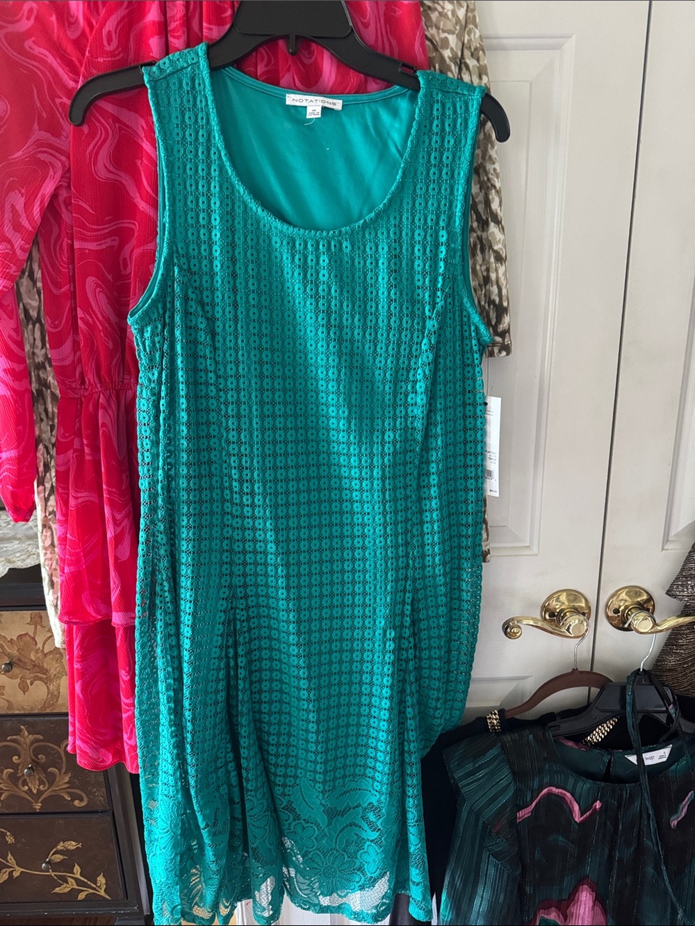 Notations Teal Lace-Overlay Sleeveless Midi Dress